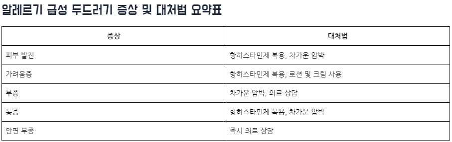 알레르기 급성 두드러기 증상 및 대처법 요약표